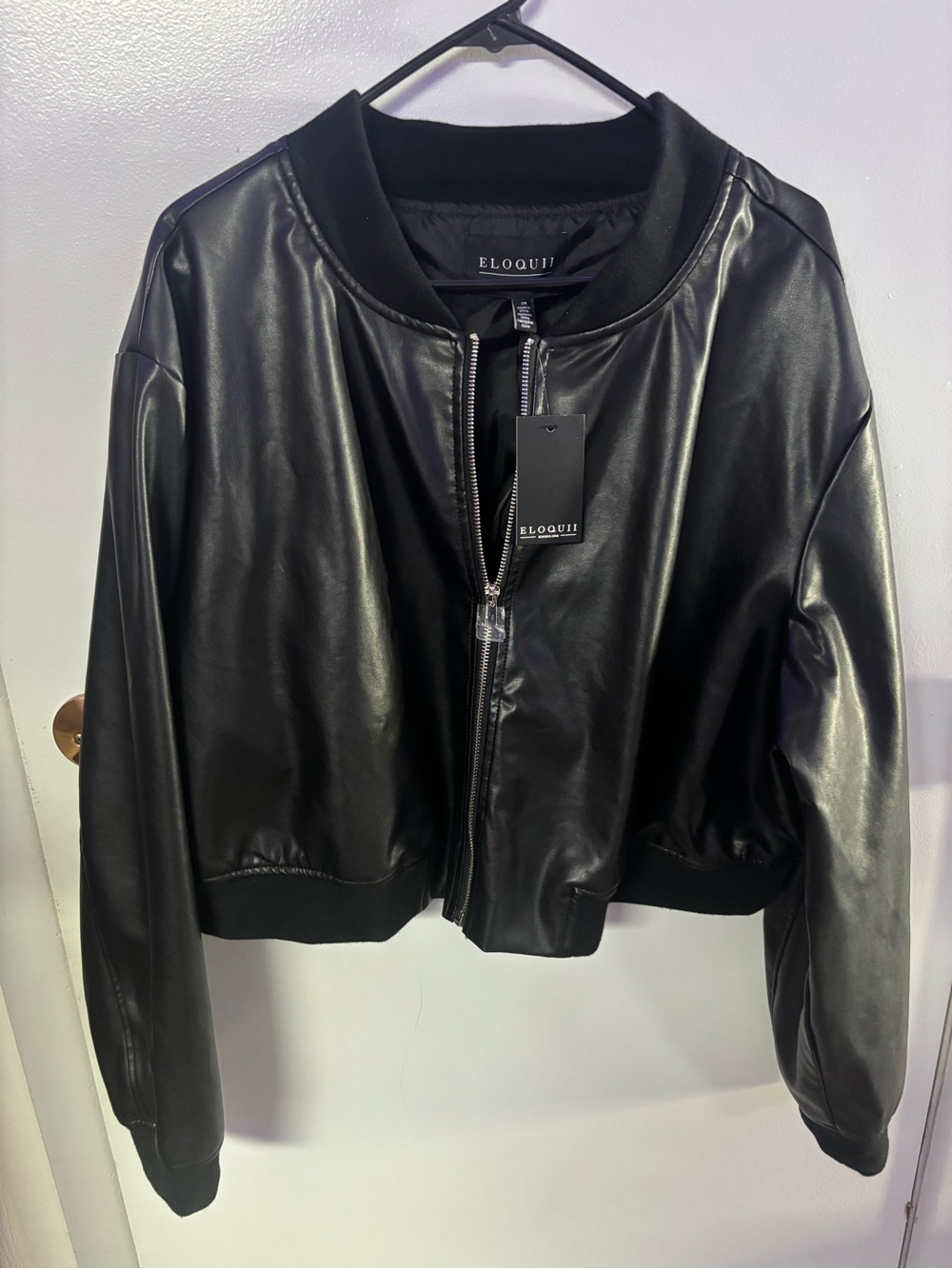Eloquii Black Faux Leather Bomber with Ribbed Trim